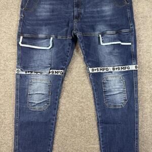 8+9 MFG Jeans Men 44x34 Vintage Wash Denim Straps Grunge Streetwear Rap Skater